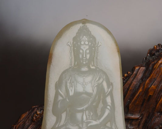 Chinese Natural Hetian Jade Carving Kwan Yin Statue Lucky Pendant Gift Amulets