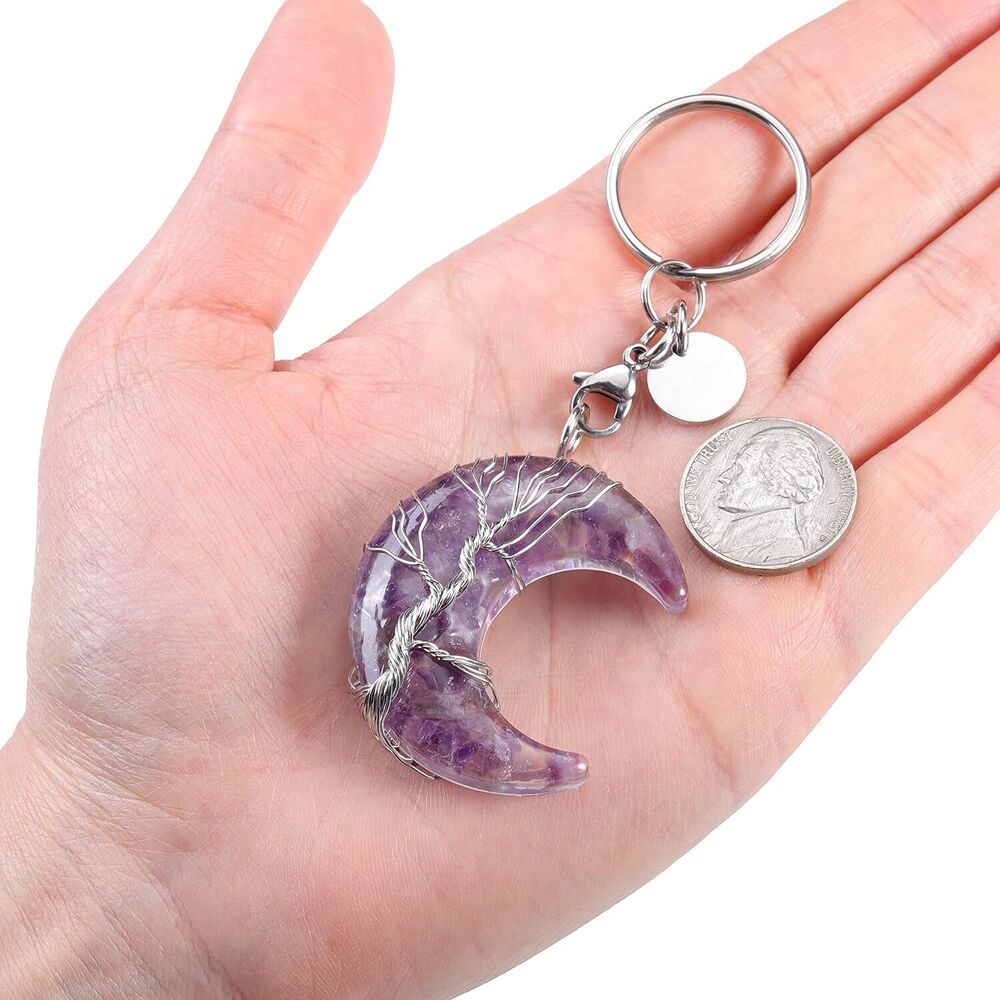 Healing Crystals Stones Keychain Tree of Life Wire Wrapped Crescent Moon Keychai