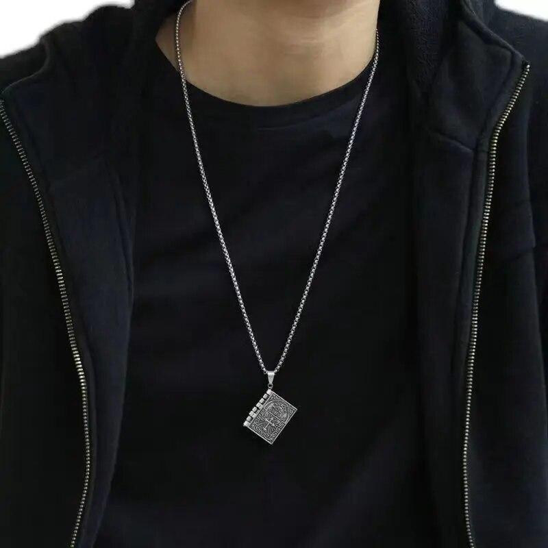 Vintage Silver Cross Bible Book Pendant Necklace Unique Jewelry For Men Women