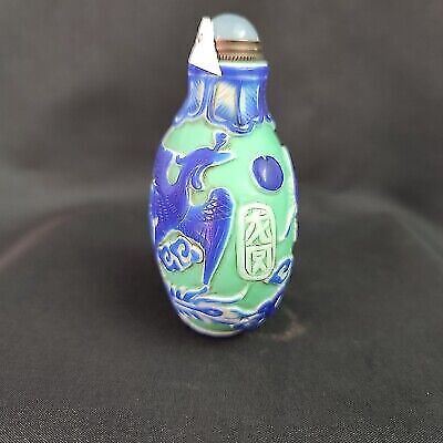 vintage chinese snuff bottle blue phoenix statue carving peking glass glaze fine