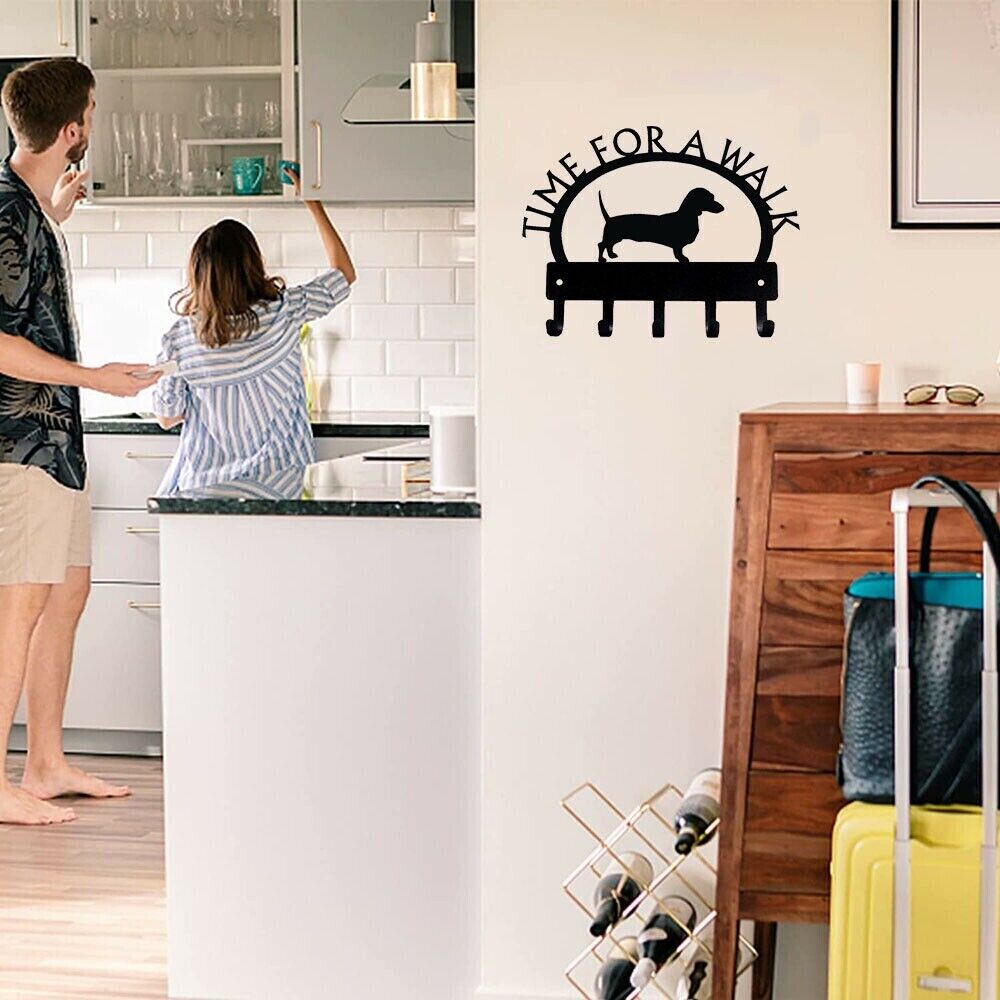 Dachshund Time for A Walk Key Rack Wall Mounted Hook Up Hanger Artwork Shape