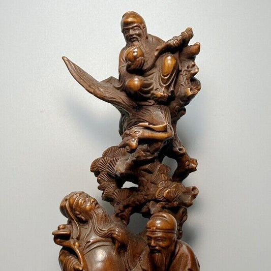 Vintage Antique Wood Carved Three Longevity God Fu Lu Shou Life Statue Decor Art