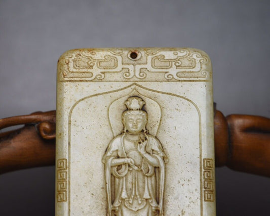 Chinese Antique Natural Hetian Jade Carving Kuan Yin Statue Amulets Pendant Gift