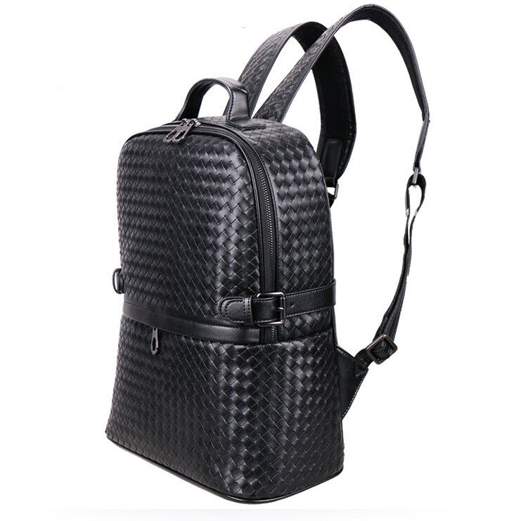 Top Real Leathe Handmade Weaving Men's Backpack Black Travel Bag School Rucksack