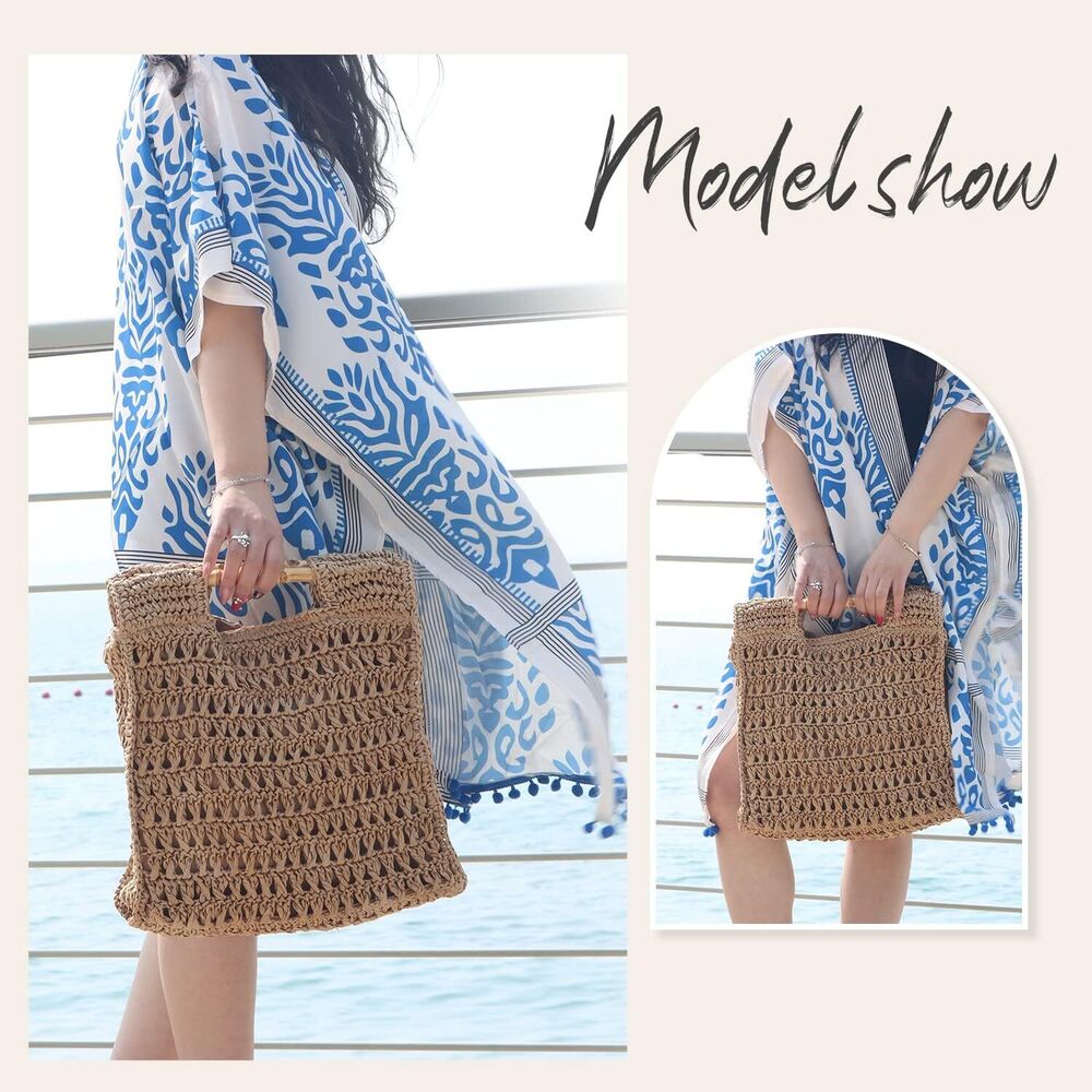 Handmade Women Straw Handbag Summer Beach Drawstring Rattan Top Handle Purse