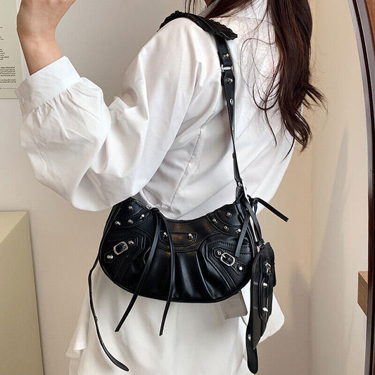 Woman Bag Rivet Half Moon Bags Shoulder Bag Punk Style Woman Satchels Handbag