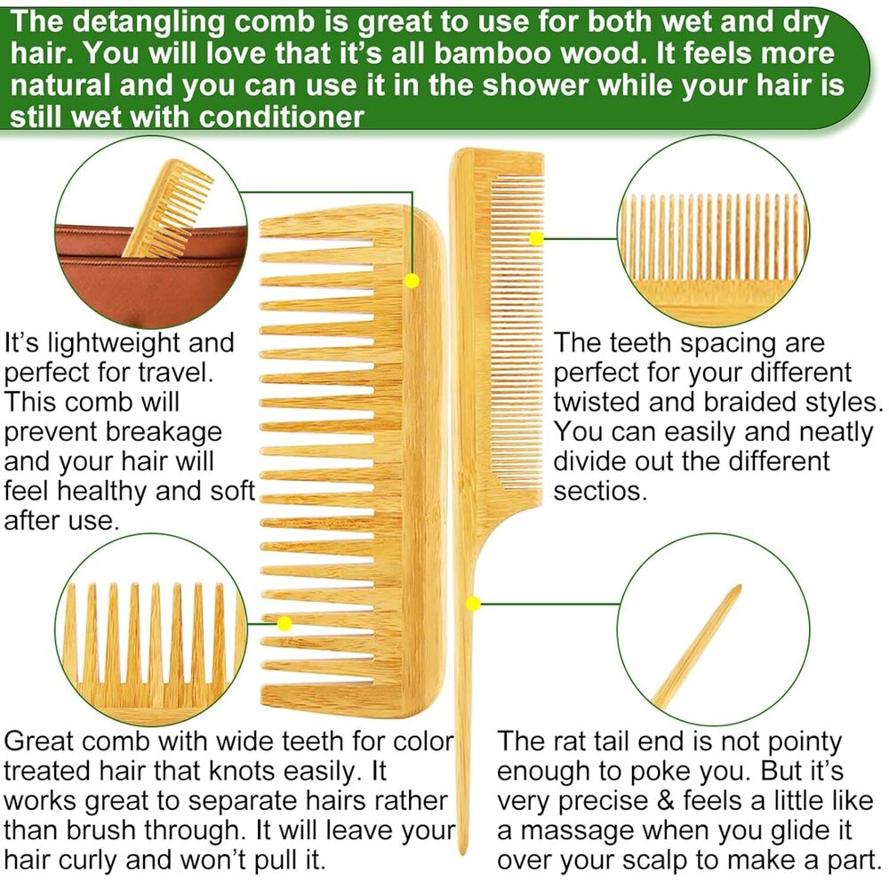 Bamboo Hair Brush Comb Set for Women Wooden Paddle Cleaning Tool Included