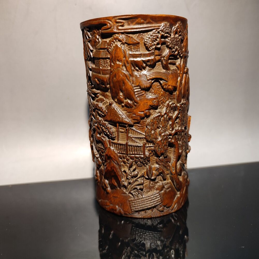 chinese carved brush pot pots pen case statue wood carving Happy child story men