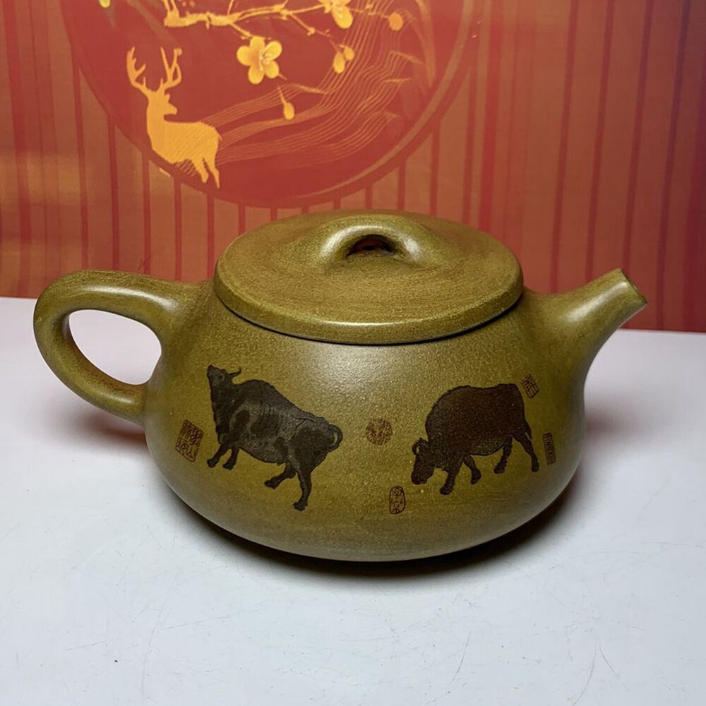 Vintage Chinese Yixing Purple Clay Teapot Zisha Ceremony Painted Cattle Teaware