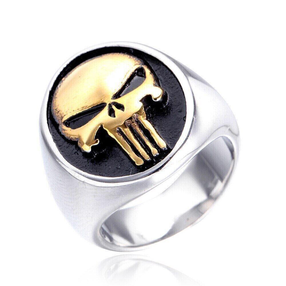 Gold Tone Stainless Steel Mens Outlaw Biker Punisher Skull Ring Size 7-13