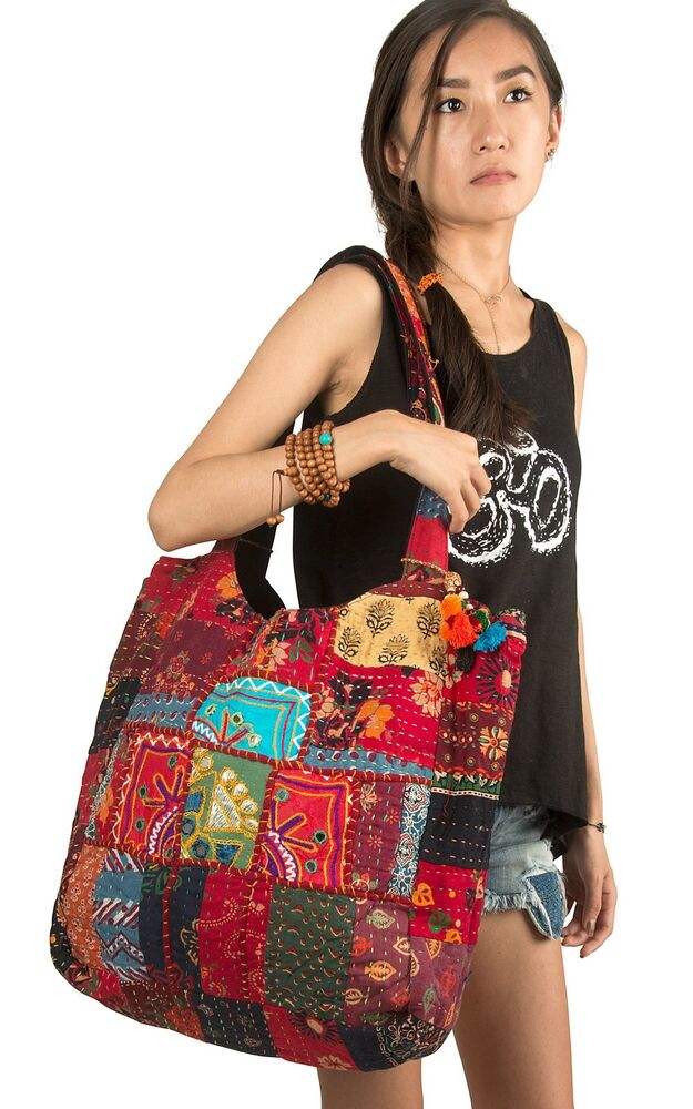 Large Shoulder Bag Red Quilted Embroidered Market Shop School Large,