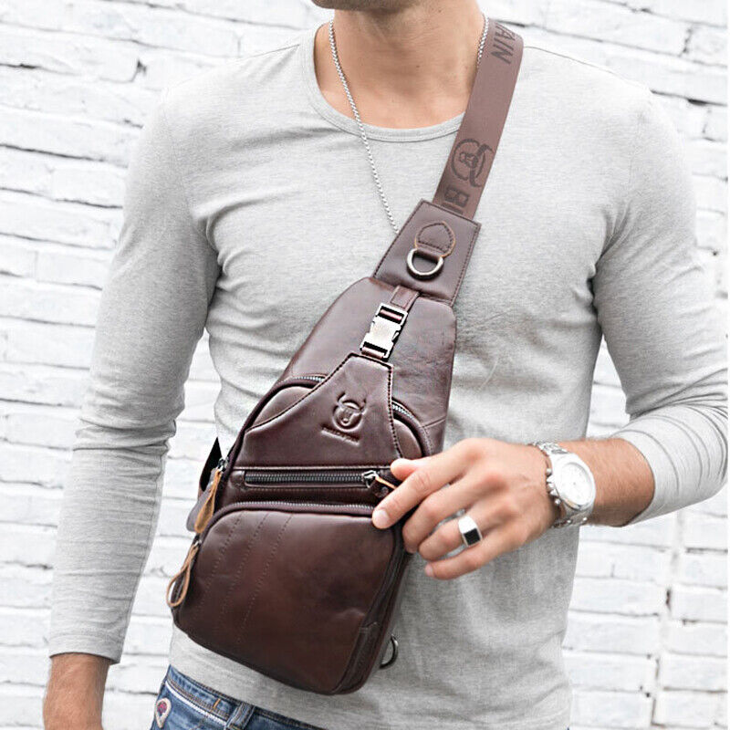 100% Cowhide Leather Crossbody Bag Chest Bag Hiking Sling Backpack Shoulder Bag