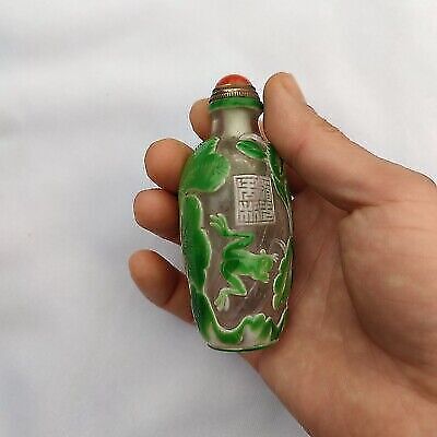 chinese carved snuff bottle glass frog lotus flower bird overlay snuffbox nice