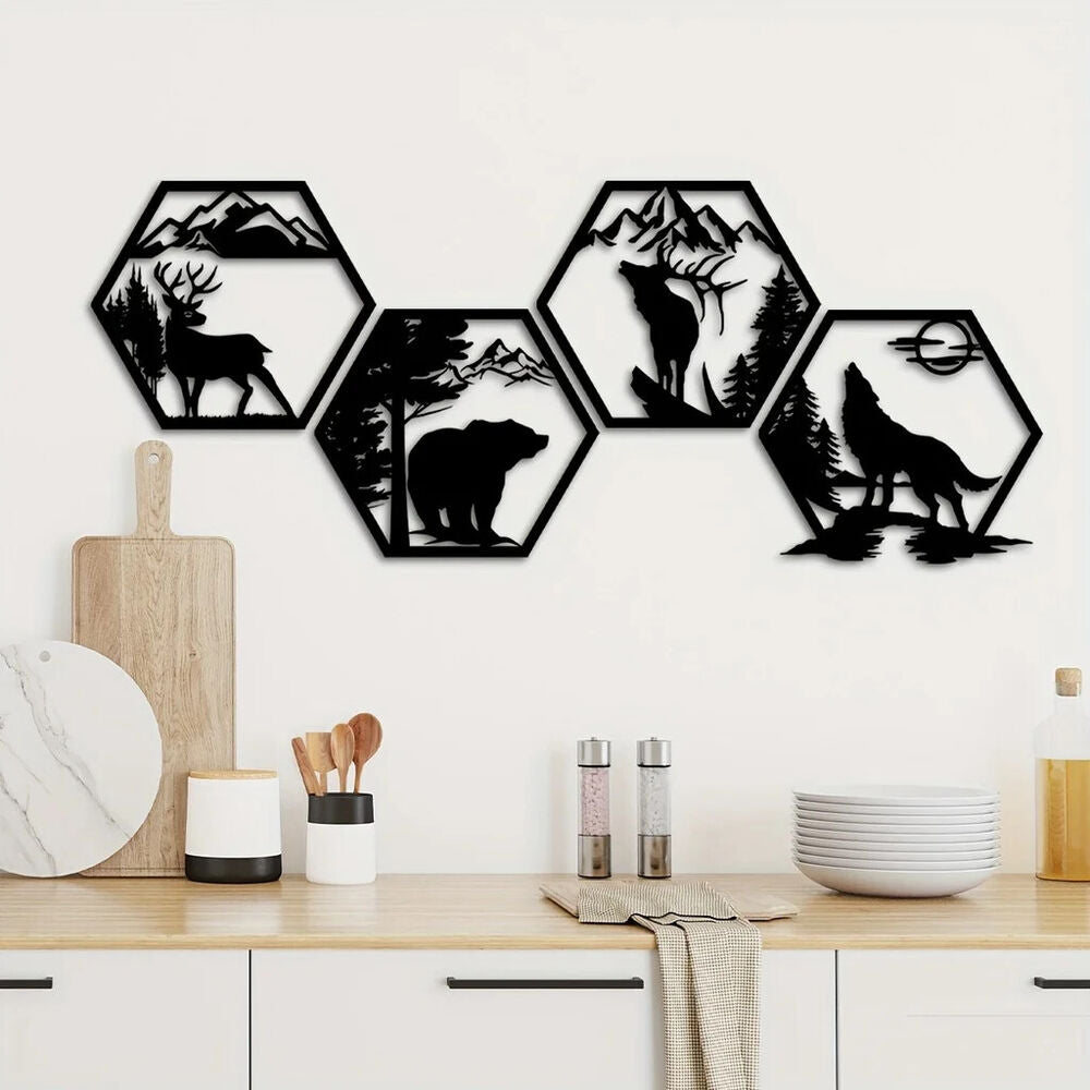 4pcs Decorative Frames Elk Deer Wolf Bear Hexagonal Metal Wall Sculpture Leaked