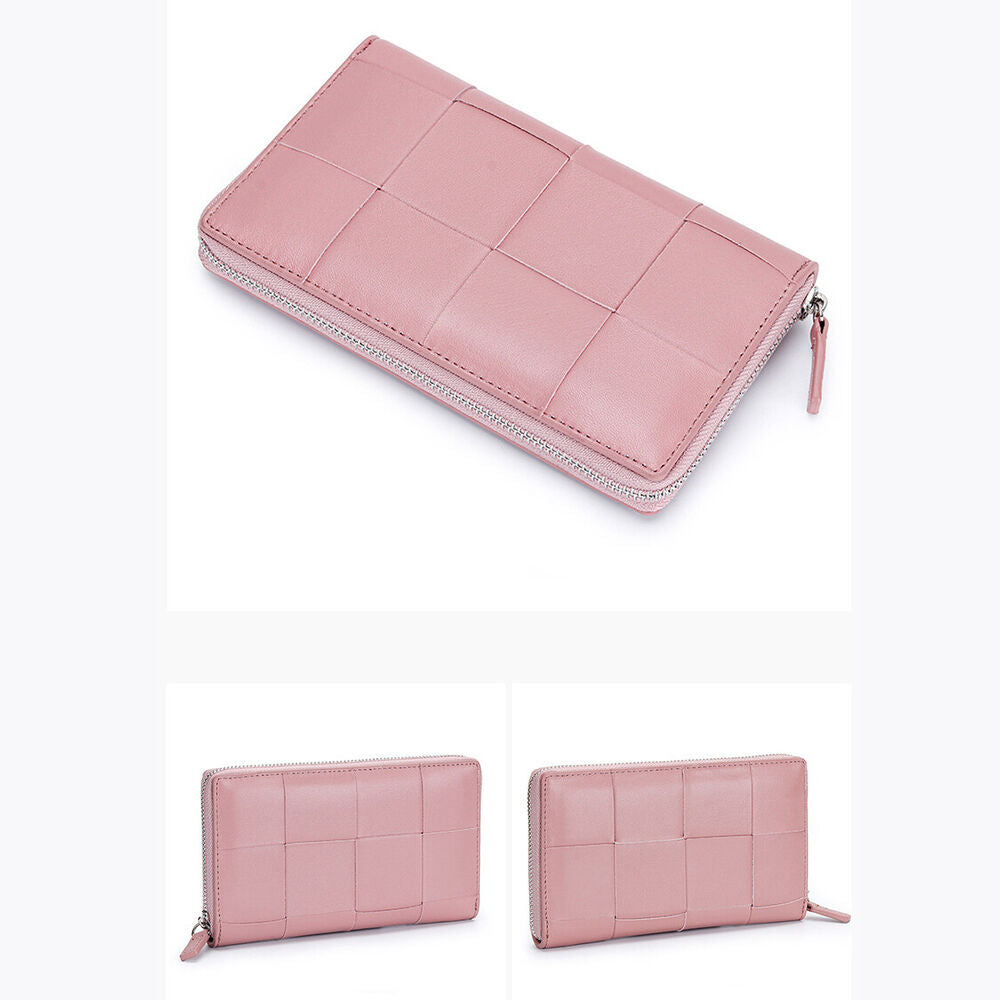 Real Sheepskin Leather Long Wallet Women Weaving Clutch Bag Zipper Phone Holder