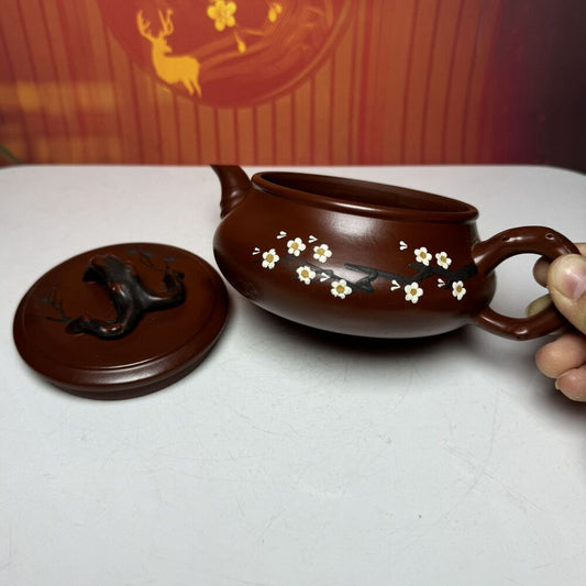 Chinese Yixing Purple Clay Teapot Zisha Ceramic Painted Plum Blossom Teaware Art