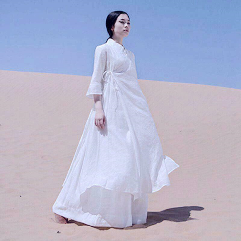 Chinese Style Womens Casual Cotton Linen Long Robe Dresses Gown Loose fit dress