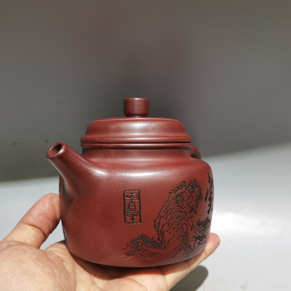 Vintage China Yixing Purple Clay Teapot Zisha Ceramic Carving Landscape Teaware