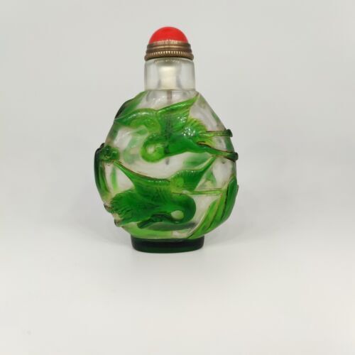 collections Old Beijing chinese glass snuff bottle carved crane statue clean art