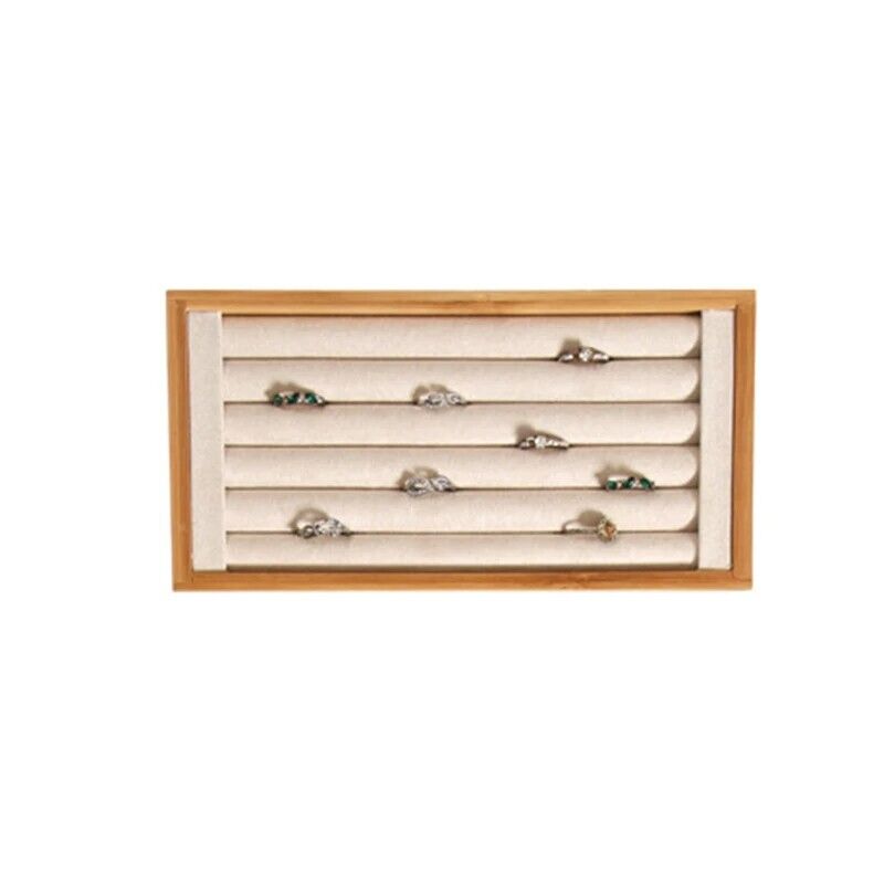 Jewelry Rings Display Holders Bamboo Beige Tray Organizer Stands 22.4x11.2x2.3cm