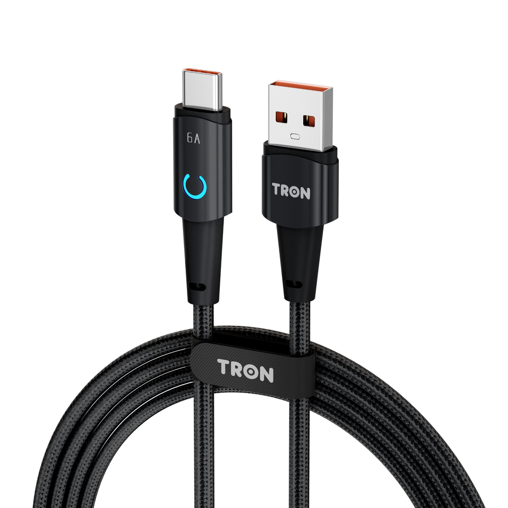 USB A to C Braided Charger Cable - Black & White, 6FT, with LED Light