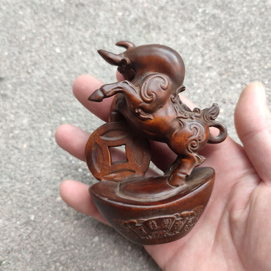 Chinese Boxwood Carving Bovine Ox Statue Animal Figurine Wealth Desk Home Decor