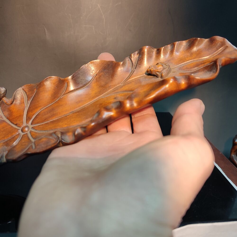 10" Boxwood lotus leaf frog carving wooden Incense pedestal wood decor praying
