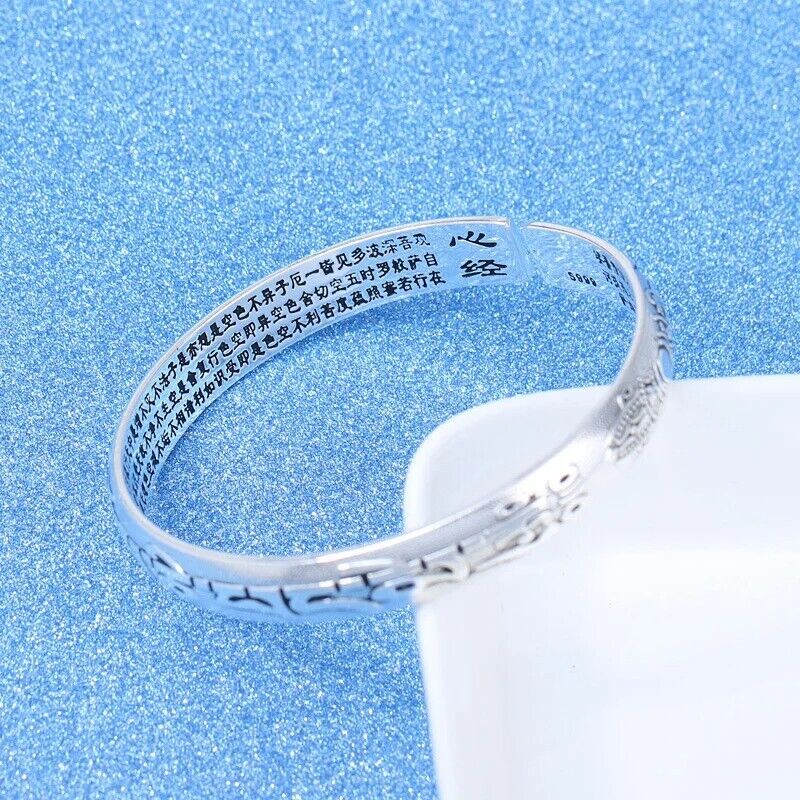Women Bracelet Fashion Silver Vintage Buddhist Scriptures Lady Resizable Bangles