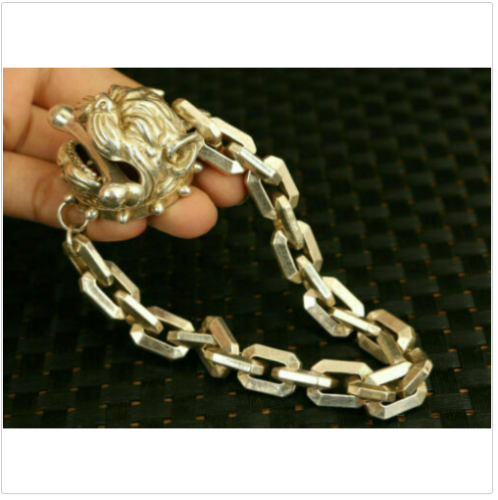 chinese miao silver hand carved dog head statue bracelet decorate Jewellery gift