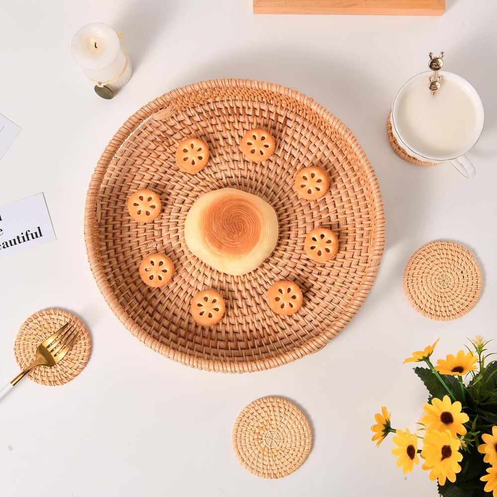 Large Round Rattan Serving Tray with 4 Coasters Coffee Table Home Decor 5 Pcs