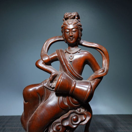 Vintage Chinese Boxwood Carved Pretty Woman Statue Woodwork Sculptures Decor Art