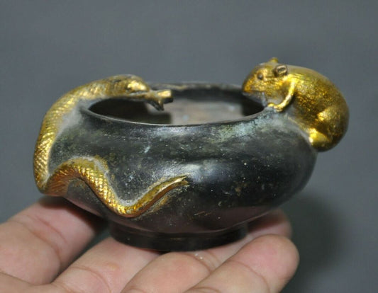 3.2"old China Temple Bronze Gilt Snake Mouse Statue Incense Animal Burner Censer