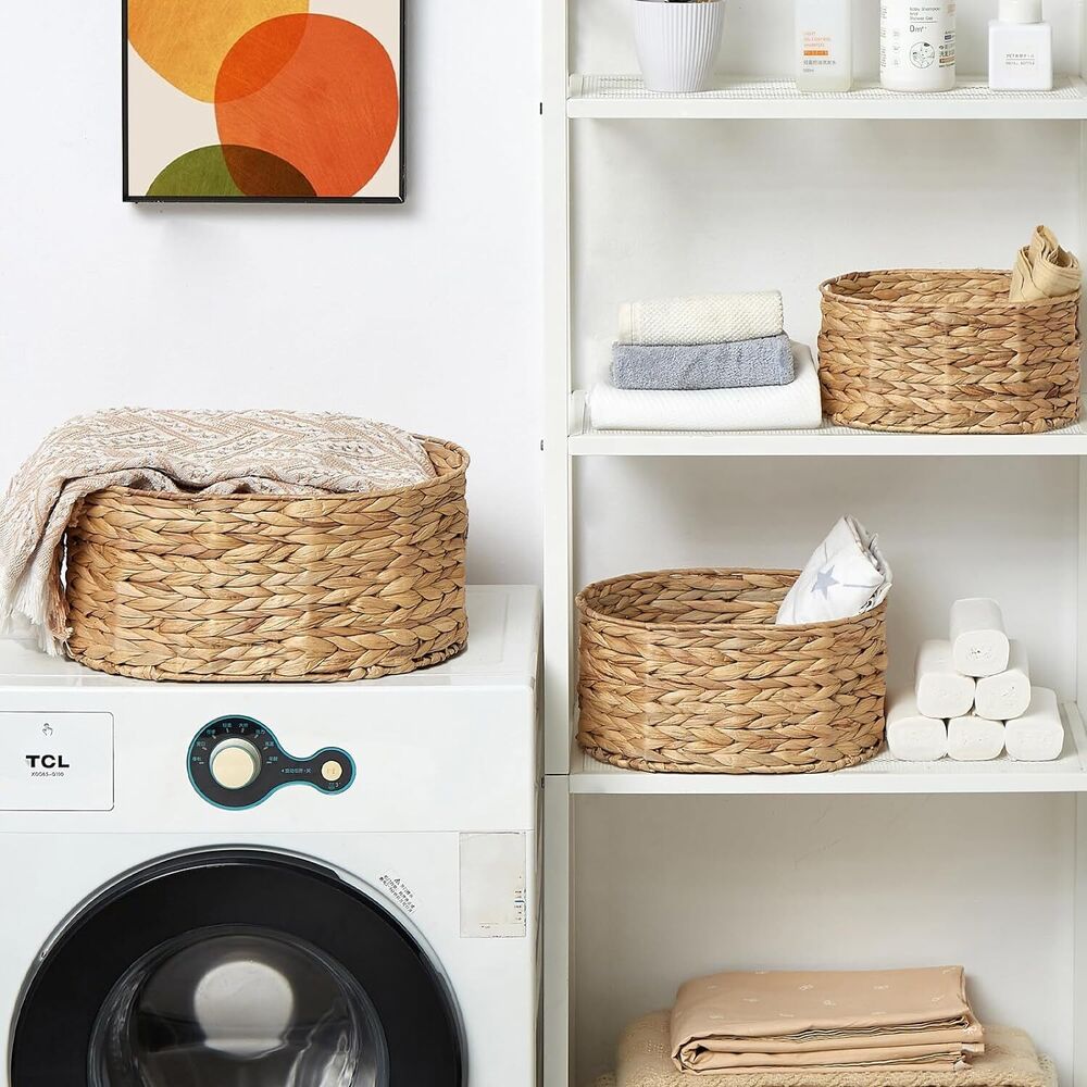 Woven Wicker Basket Storage Built-In Handles Rattan Shelves Organizer 3 Pcs