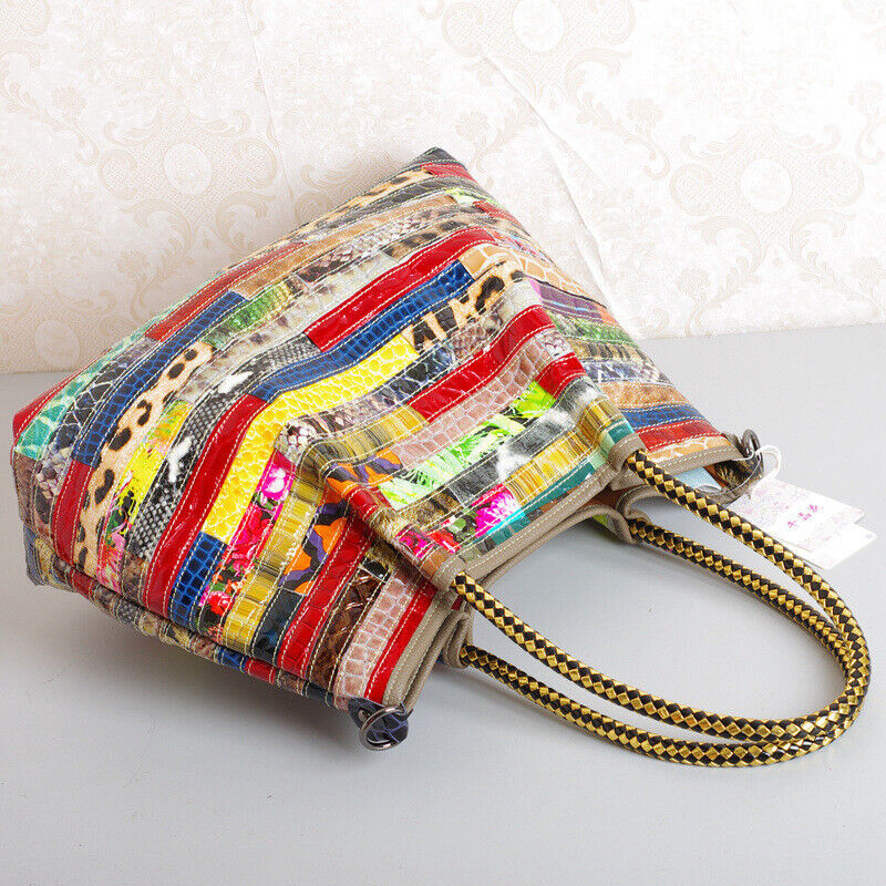 Women 100% Genuine Leather Snake Stripes Colorful Handbag Shoulder Satchel Tote