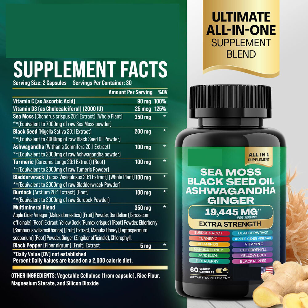 Black Seed Oil 4000Mg Sea Moss 7000Mg Turmeric 2000Mg Ashwagandha 2000Mg