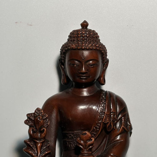 Chinese Vintage Boxwood Carving Medicine Buddha Statue Woodwork Figurines Decor