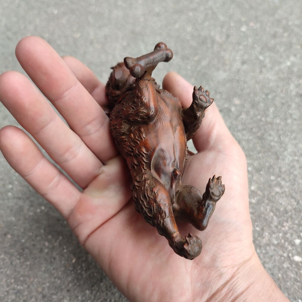 Chinese Boxwood Carving Foo Dog Statue Animal Figurine pet Home Decor Bulldog