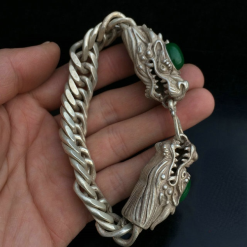 Collectible China Green Jade Tibet Silver Handwork Auspicious Dragon Bracelet
