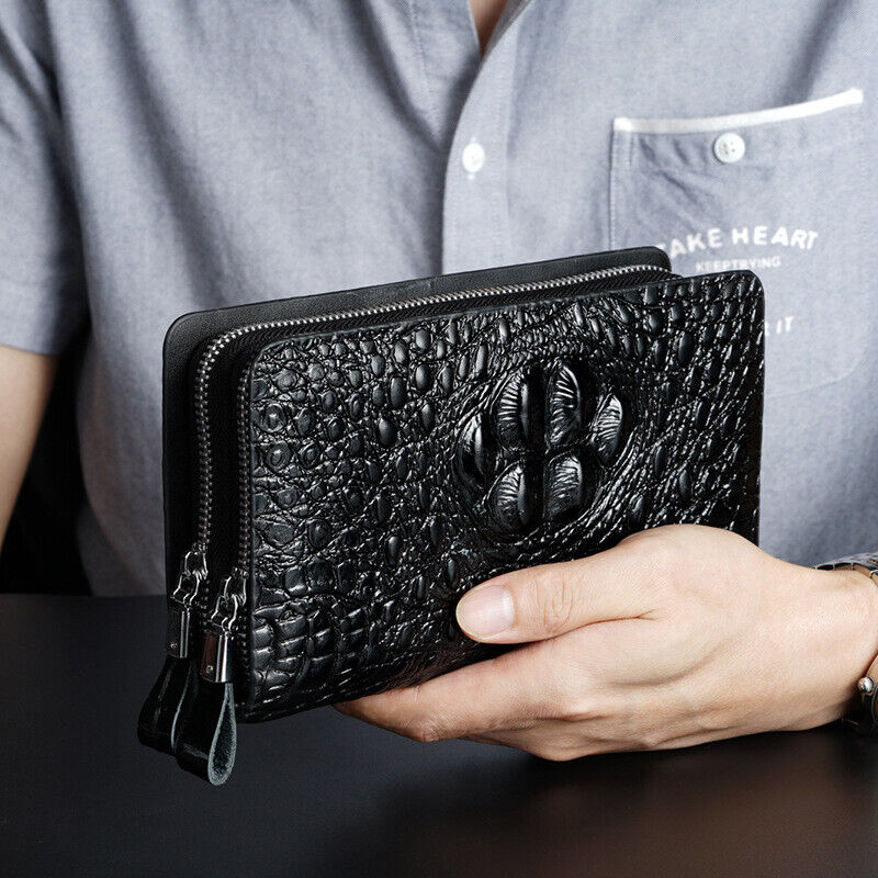 Business Clutch Bag Leather Crocodile Mens Double Zipper Long Wallet Card Holder