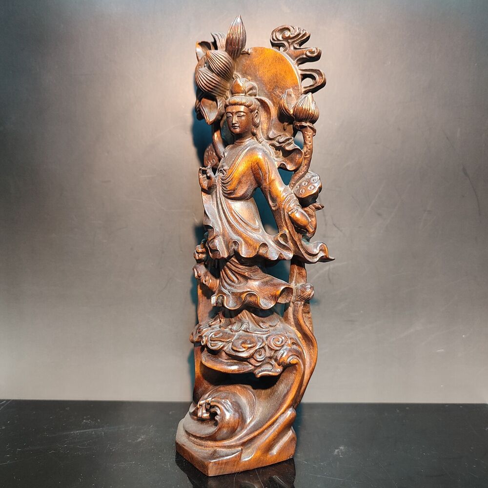 8" Vintage Wooden Carved Holding Lotus Kwan Yin Bodhisattva Statue Wood Figure
