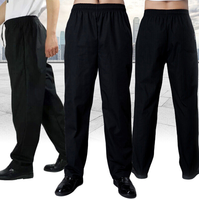 Men Chef Work Pants Kitchen Baggy Trouser Restaurant Elastic Waist Uniform Pants