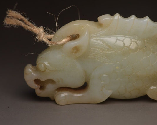 Old Peking Chinese Hetian Jade Carving Dragon Fish Statue Unique Wonderful Art