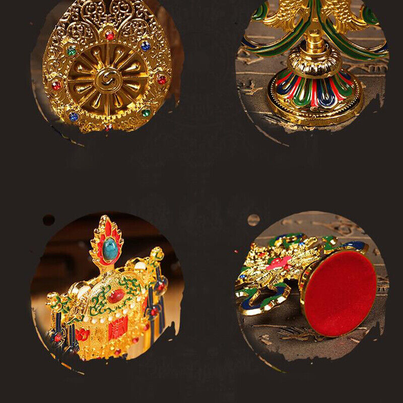 8 Pcs Painted Tibetan Engraved Eight Treasures Auspicious Statue Buddhism