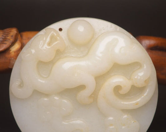 Top Chinese Natural Hetian Jade Carving Dragon Phoenix Statue Lucky Jade Pendant