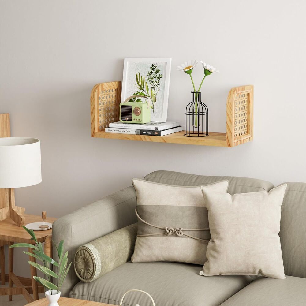 Rattan Floating Wall Shelf Hanging Book Shelves Bedroom Bathroom Decoration