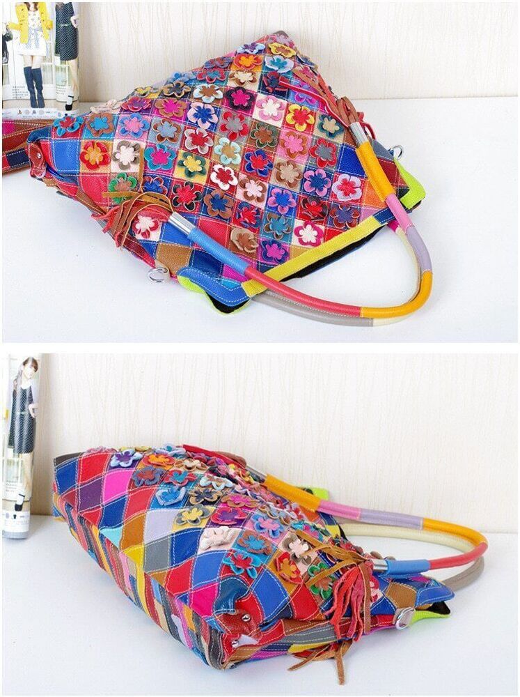 Genuine Leather Cowhide Bag Handmade FlowersShoulder Bag Female Handbag