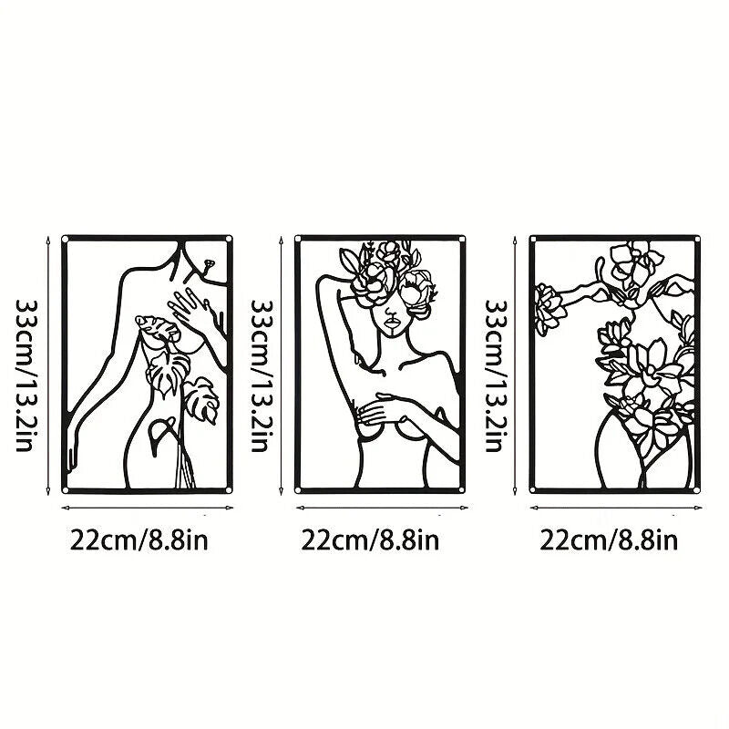 3pc Minimalist Abstract Woman Wall Art - Metal Line Drawing Home Decor