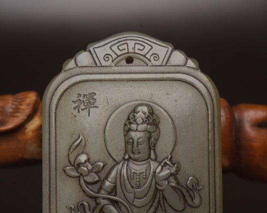 Chinese Natural Hetian Jade Carved Kwan Yin Statue Good Luck Pendant Jewelry Art