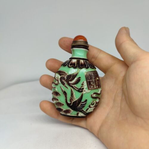 vintage chinese peking glass snuff bottle carved crane sculpture statue signet