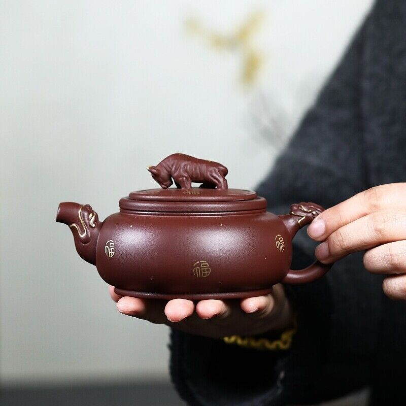 full handmade tea pot marked ox shape design statue mascot true yixing zisha pot